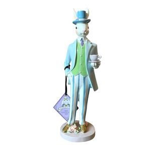 Tophat & Tail Gentleman Easter Bunny Holding Teacup 14in Pastel Decor NEW